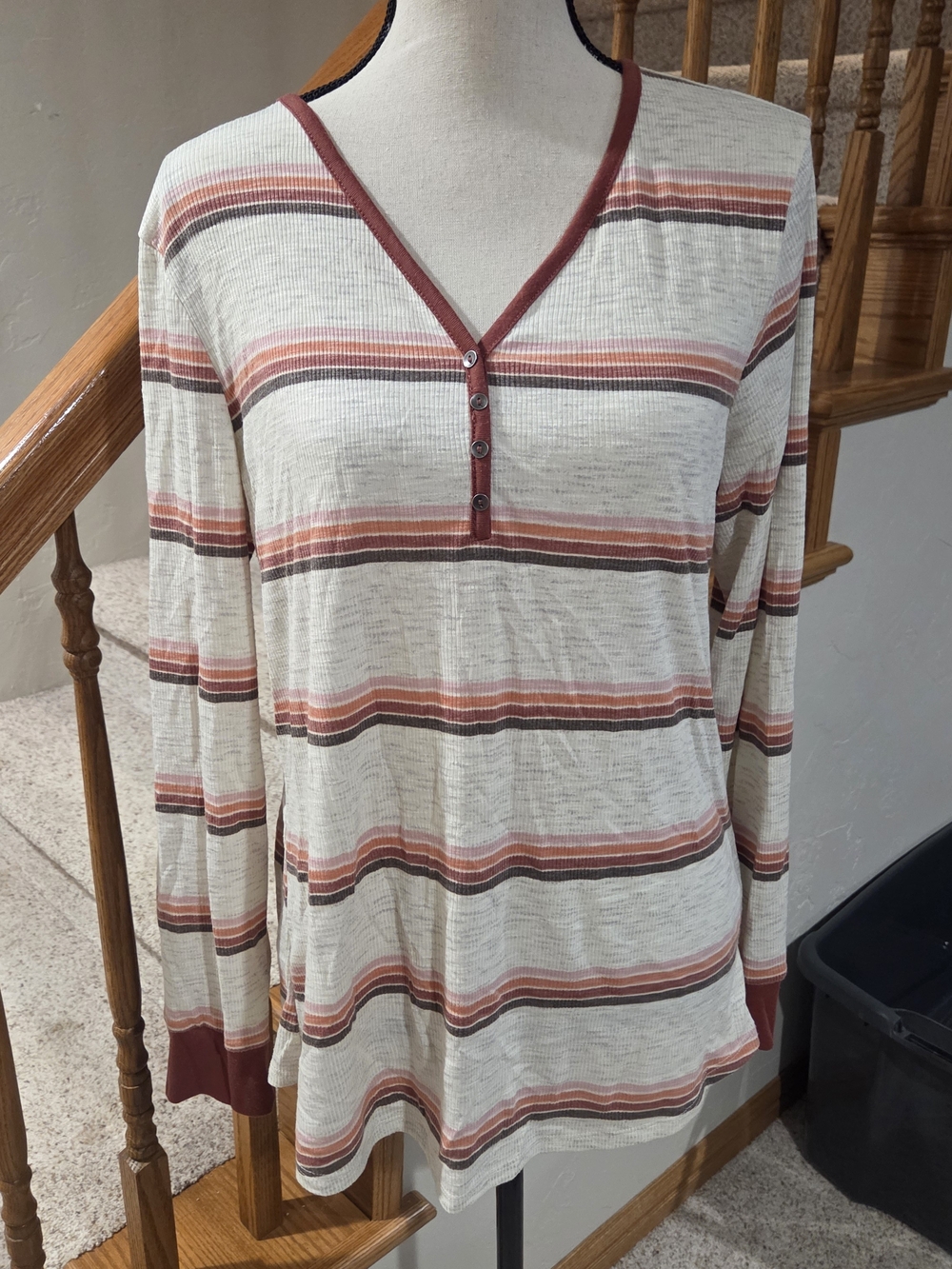 Maurices Cream Long-Sleeve Henley with Rust and Brown Stripes